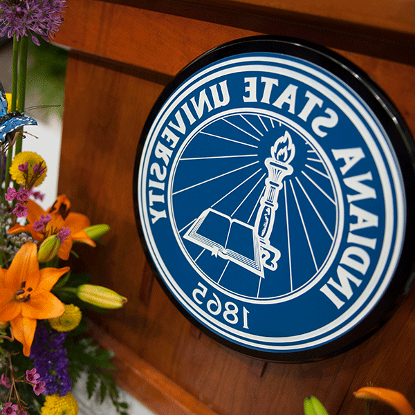 Indiana State University seal on a podium